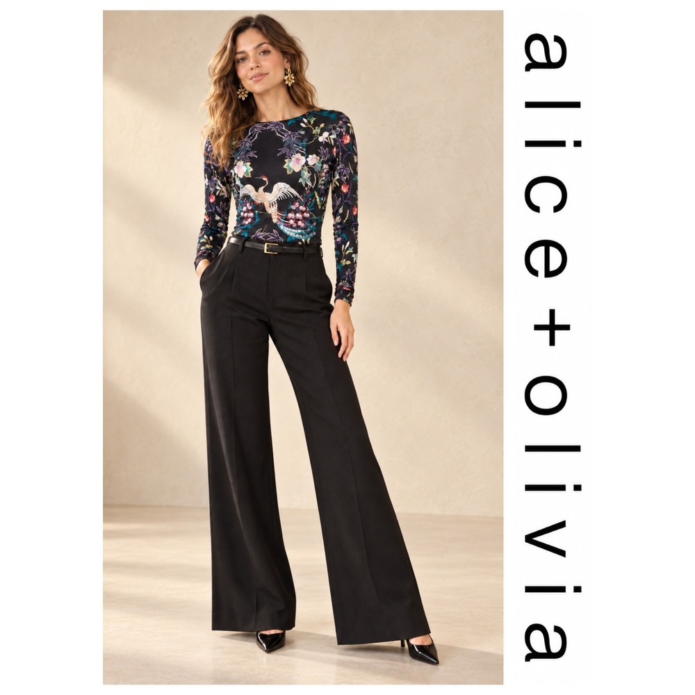 Alice + Olivia Delaina Bird Dark Floral Long Sleeve Crop Top Quiet Luxury M